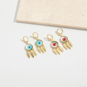 Evil eye drop earrings with gold feather charms in blue green and red colors