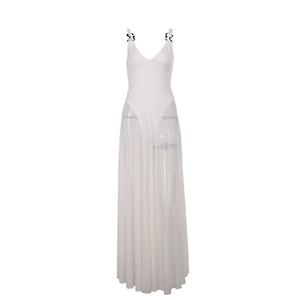 Elegant white sleeveless V-neck maxi dress with flowy A-line silhouette for formal events
