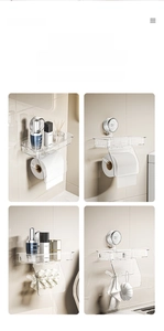 Wall-mounted transparent suction bathroom rack showing versatile storage in four scenarios