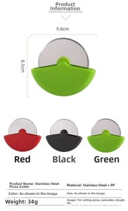 Detail showing red, black and green stainless steel pizza cutters with size specifications