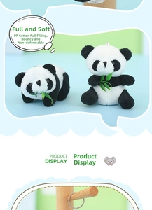 Detail showing plush panda keychain with soft PP cotton filling and silver metal ring