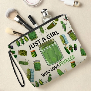 Funny pickle print canvas makeup bag with wristlet and cute cartoon pattern design