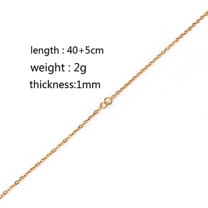 Detail view of 1mm gold stainless steel chain with length and weight specifications