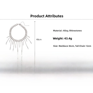 Detailed product dimensions for the silver tassel necklace with rhinestones and alloy material
