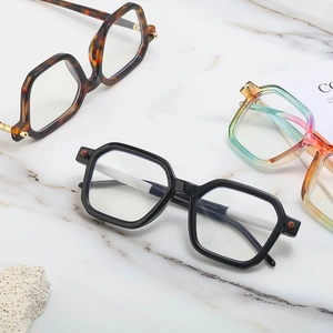 Stylish geometric frame sunglasses in black, tortoiseshell, and rainbow colors