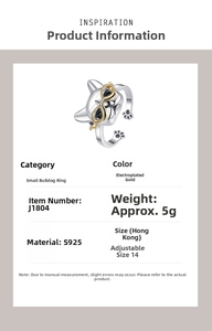 Close-up of S925 silver French Bulldog ring featuring gold-plated glasses details