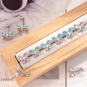 Cute butterfly stud earrings in silver steel with pink and mint enamel and crystals