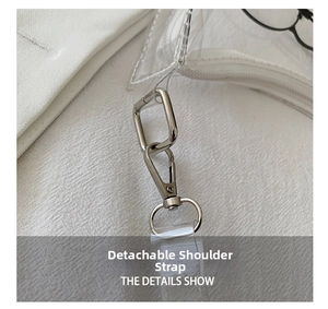 Detail of silver twist lock and detachable transparent PVC strap on jelly shoulder bag