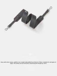 Detail of adjustable grey leather shoulder strap with silver buckle and metal button
