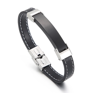 Men's black leather bracelet with stainless steel plate and elegant white stitching
