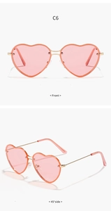 Front and 45-degree side views of heart-shaped sunglasses with pink lenses and gold frames