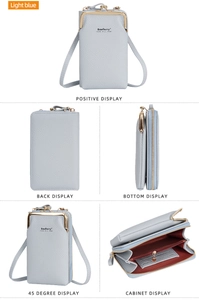 Light blue vertical phone bag with litchi texture and internal card slots view
