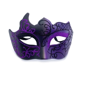 Venetian masquerade mask for men featuring purple glitter patterns and black flocking texture