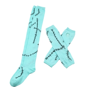 Detail of Sally stitch pattern arm warmers and thigh high socks for cosplay outfits