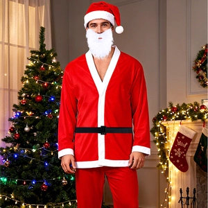 Five-piece men's Santa Claus costume with red velvet jacket, trousers, beard, hat and belt