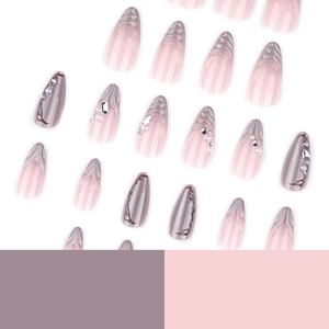3D water ripple press-on nails with cat eye effect, pearls, and crystals in French style