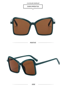 Detailed views of dark green oversized square sunglasses with tea-colored lenses