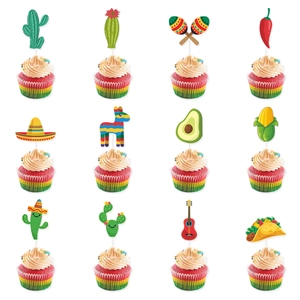 Set of 12 Mexican Fiesta cupcake toppers featuring cactus, taco, and piñata designs