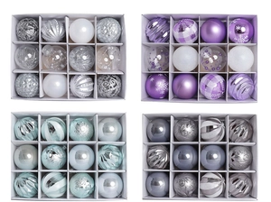 Set of 12 mixed festive Christmas baubles in silver purple blue and grey tones