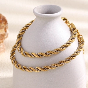 Minimalist Two Tone Twisted Rope Bracelet Anklet 18K Gold Plated Stainless Steel Beaded Wrap Jewelry For Women
