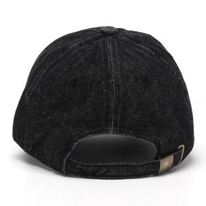 Rear view of black denim baseball cap with an adjustable metal buckle strap