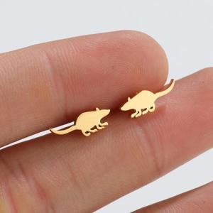 Minimalist gold mouse stud earrings for women shown held between fingers for size reference