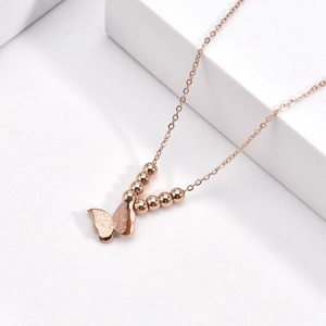 Elegant rose gold titanium steel butterfly pendant necklace with bead accents for women