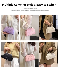 Collage of embroidered evening bags with floral patterns showing versatile carrying styles