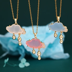 Cloud Raindrop Pendant Necklace Copper Gold Plated With Zirconia And Translucent Resin For Women Trendy Fashion Jewelry