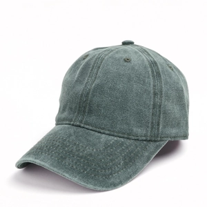 Close-up of charcoal gray washed cotton baseball cap showing twill texture and stitching