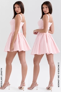 Pink checkered dress length comparison showing regular and 5cm longer hemline options