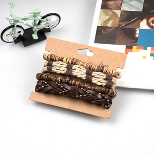 Multilayer bohemian leather bracelet set with wood beads and hemp cord on display card