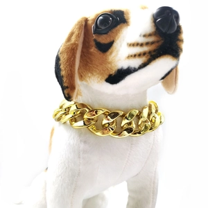 Detail of chunky gold chain collar for large dogs worn on a pet mannequin model