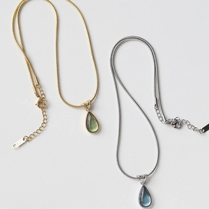French vintage water drop pendant necklaces in olive green and blue teardrop styles