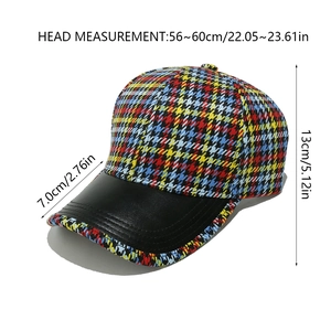 Detailed view of colorful houndstooth baseball cap with size specs and leather brim