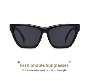 Front view of stylish black cat-eye sunglasses with dark UV protection lenses and glossy finish