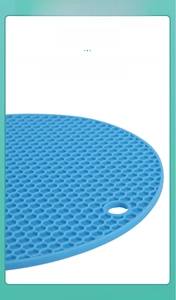 Close-up of blue honeycomb silicone mat showing heat-resistant texture and hanging hole