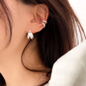 925 Sterling Silver Double Arch Earrings and Textured Ear Cuff set worn by model