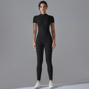 Close-up of a black high-elasticity bodysuit with a short sleeve and half-zipper collar design