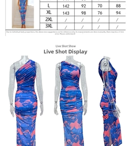 Detailed size chart for American floral print ruched slim fit one shoulder maxi dress