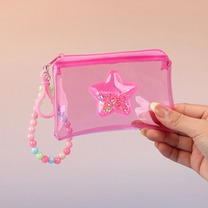 Porte-monnaie rose transparent en PVC avec paillettes étoiles et dragonne perlée