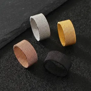Minimalist Stainless Steel Mesh Weave Band Ring Industrial Wide Woven Pattern Fashion Jewelry For Men And Women Unisex