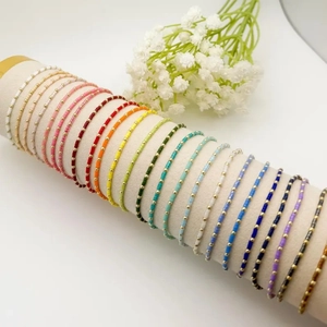 Handmade Beaded Bracelet Colorful Glass Seed Beads And Alloy Gold Beads Bohemian Chic Elastic Stackable Jewelry For Women