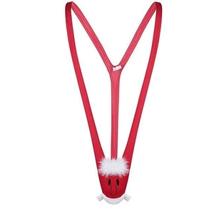 Men's Christmas reindeer mankini with festive red V-strap design and plush trim
