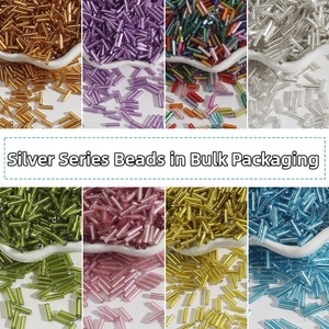 Detailed grid of 2x7mm silver-lined glass bugle beads in various vibrant colors