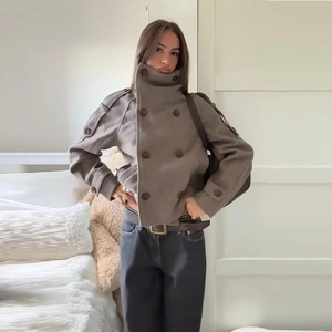 British style double-breasted wool jacket with high collar and epaulettes in dark taupe