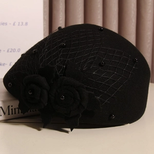 Elegant black wool beret with mesh veil and floral beads decoration for women