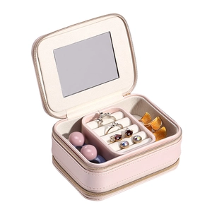 Pink portable travel jewelry organizer box with zipper and mirror for rings and earrings