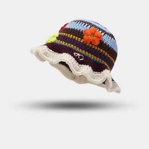 Handmade Crochet Bucket Hat Colorful Striped Knit Sun Fisherman Hat With 3D Flower Wavy Brim For Women Bohemian Retro Style