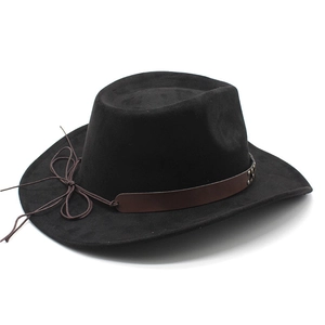 Detail of black fedora hat featuring brown leather band and intricate cord bow knot